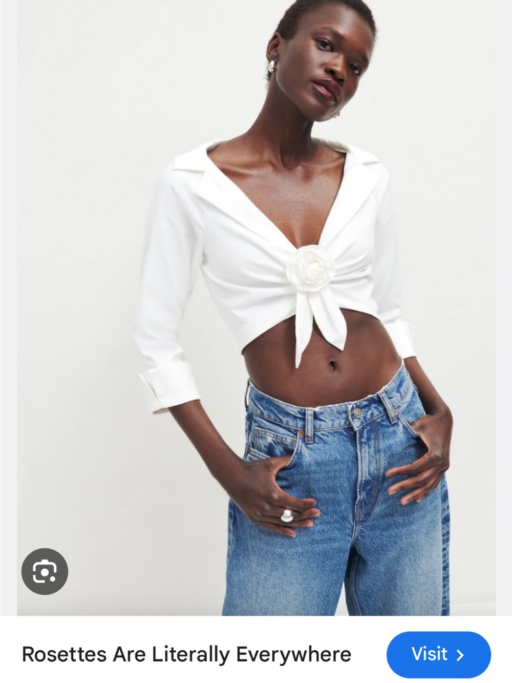 Reformation White Tie-Front Rosette Crop Top